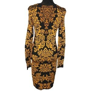 Torn by Ronny Kobo Gold & Black Floral Long Sleeve Dress Size M